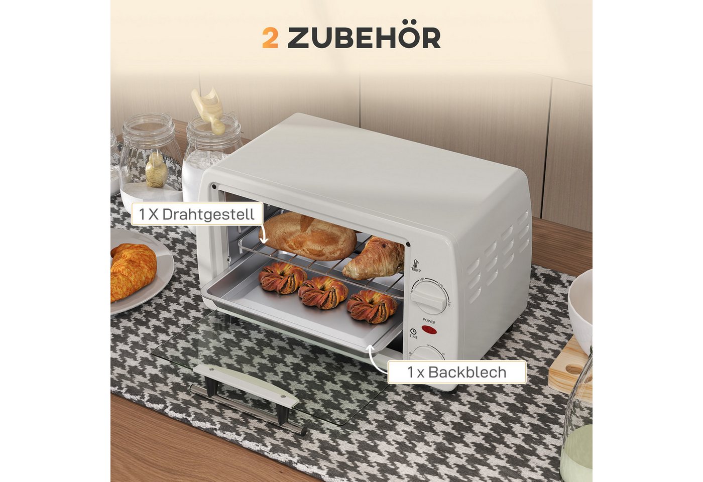 ibettertec Toaster Mini-Backofen Toasterofen, 10L, 1 Backblech, 1 Rost, Timer 0-60 Min., 100-230°C, 36,5x26x22 cm, Cremeweiß Bild 3