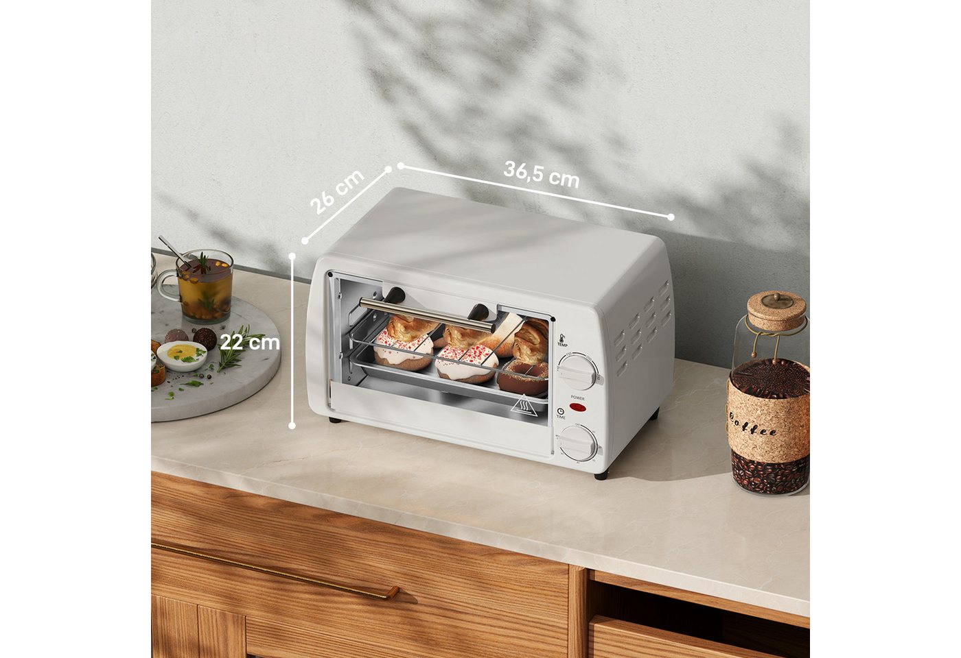 ibettertec Toaster Mini-Backofen Toasterofen, 10L, 1 Backblech, 1 Rost, Timer 0-60 Min., 100-230°C, 36,5x26x22 cm, Cremeweiß Bild 5