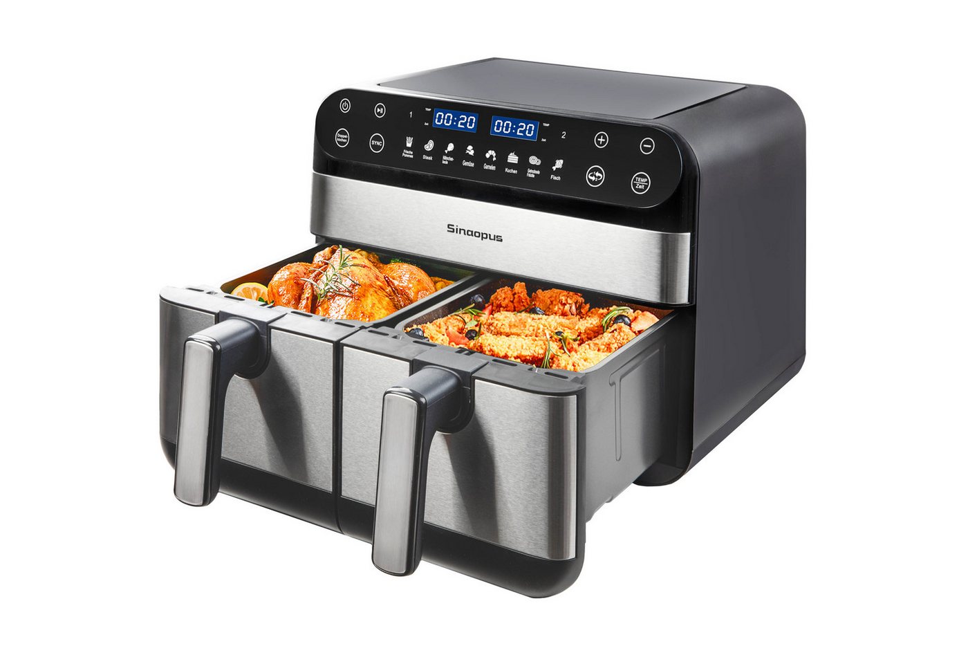 WHEELYOU Heißluftfritteuse 10L Dual-Zone Airfryer – Familienessen & Snacks gleichzeitig knusprig garen, 2400 W, 2 Frittierfächer, SYNC, Doppelkochen, 8 Programme & LED-Touch Bild 3