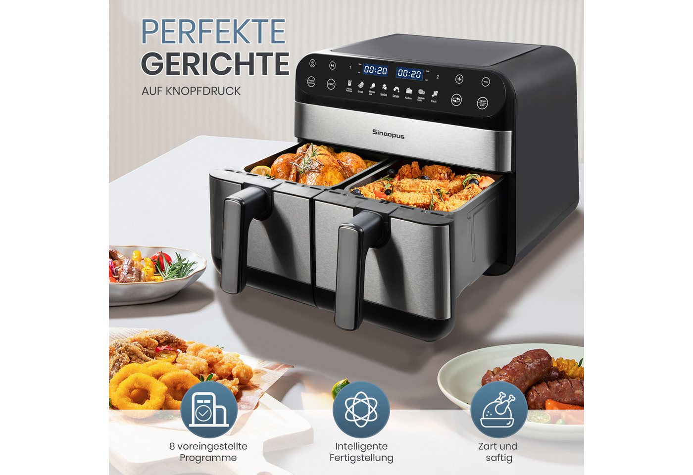 WHEELYOU Heißluftfritteuse 10L Dual-Zone Airfryer – Familienessen & Snacks gleichzeitig knusprig garen, 2400 W, 2 Frittierfächer, SYNC, Doppelkochen, 8 Programme & LED-Touch Bild 4