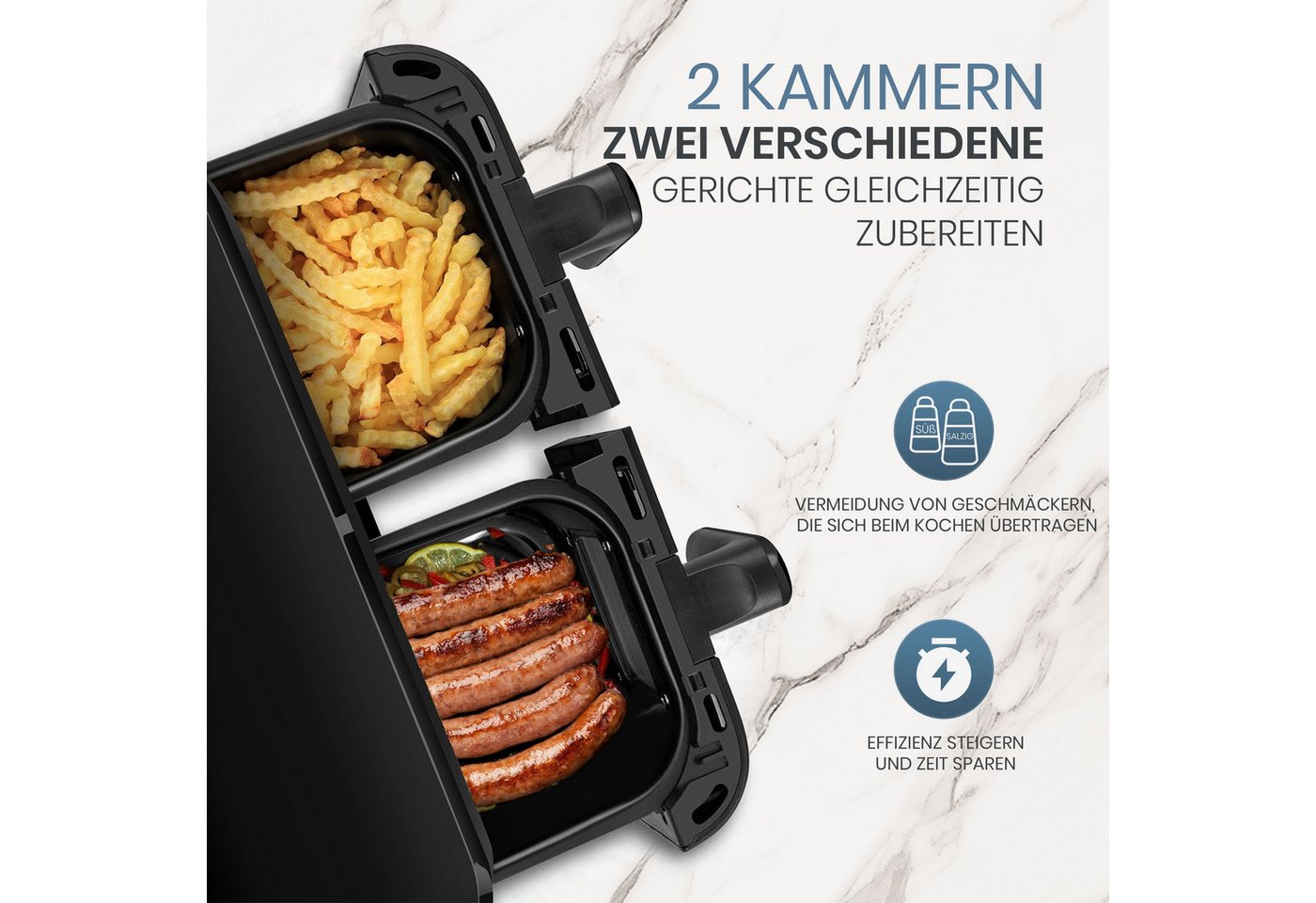 WHEELYOU Heißluftfritteuse 10L Dual-Zone Airfryer – Familienessen & Snacks gleichzeitig knusprig garen, 2400 W, 2 Frittierfächer, SYNC, Doppelkochen, 8 Programme & LED-Touch Bild 5