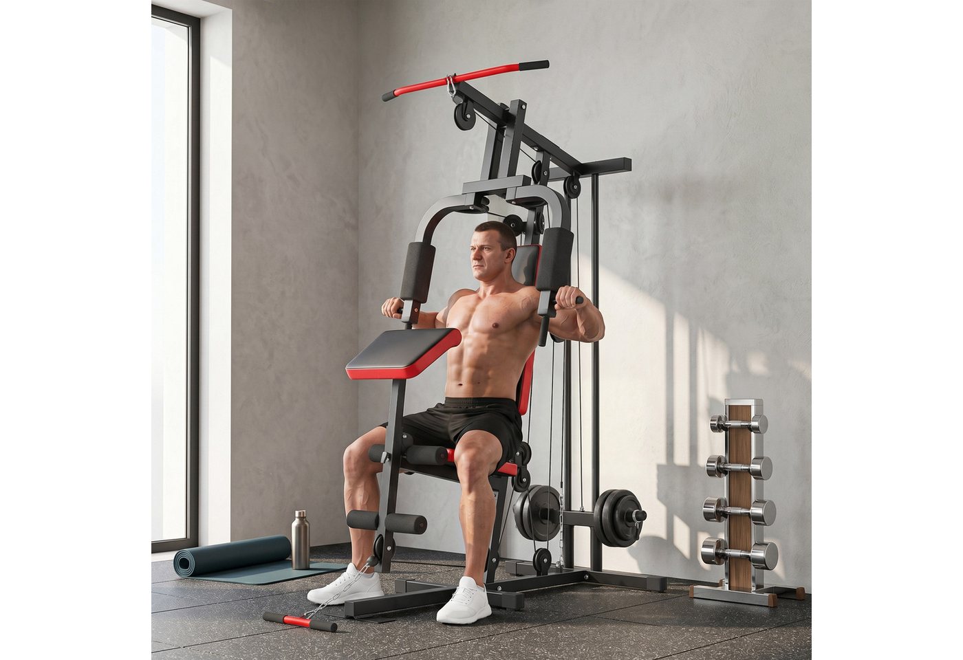 SPORTNOW Kraftstation mit Latzug, Butterflystange, verstellbar Preacher Bank, Beintrainer, 0 Gewichtsblöcke (Fitnessstation, 1-tlg., Multifunktion Smith Machine), für Zuhause Schwarz+Rot