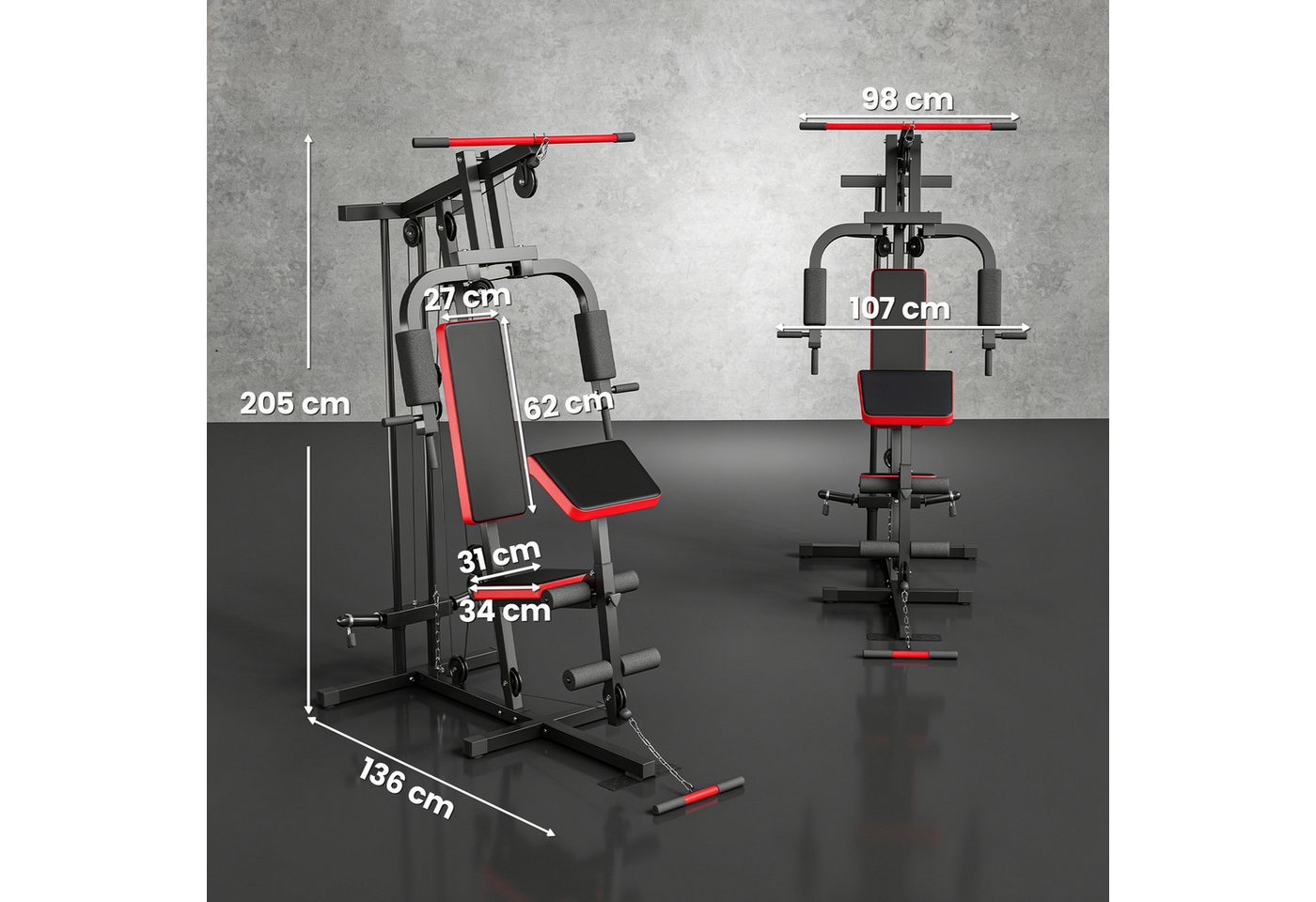 SPORTNOW Kraftstation mit Latzug, Butterflystange, verstellbar Preacher Bank, Beintrainer, 0 Gewichtsblöcke (Fitnessstation, 1-tlg., Multifunktion Smith Machine), für Zuhause Schwarz+Rot Bild 2