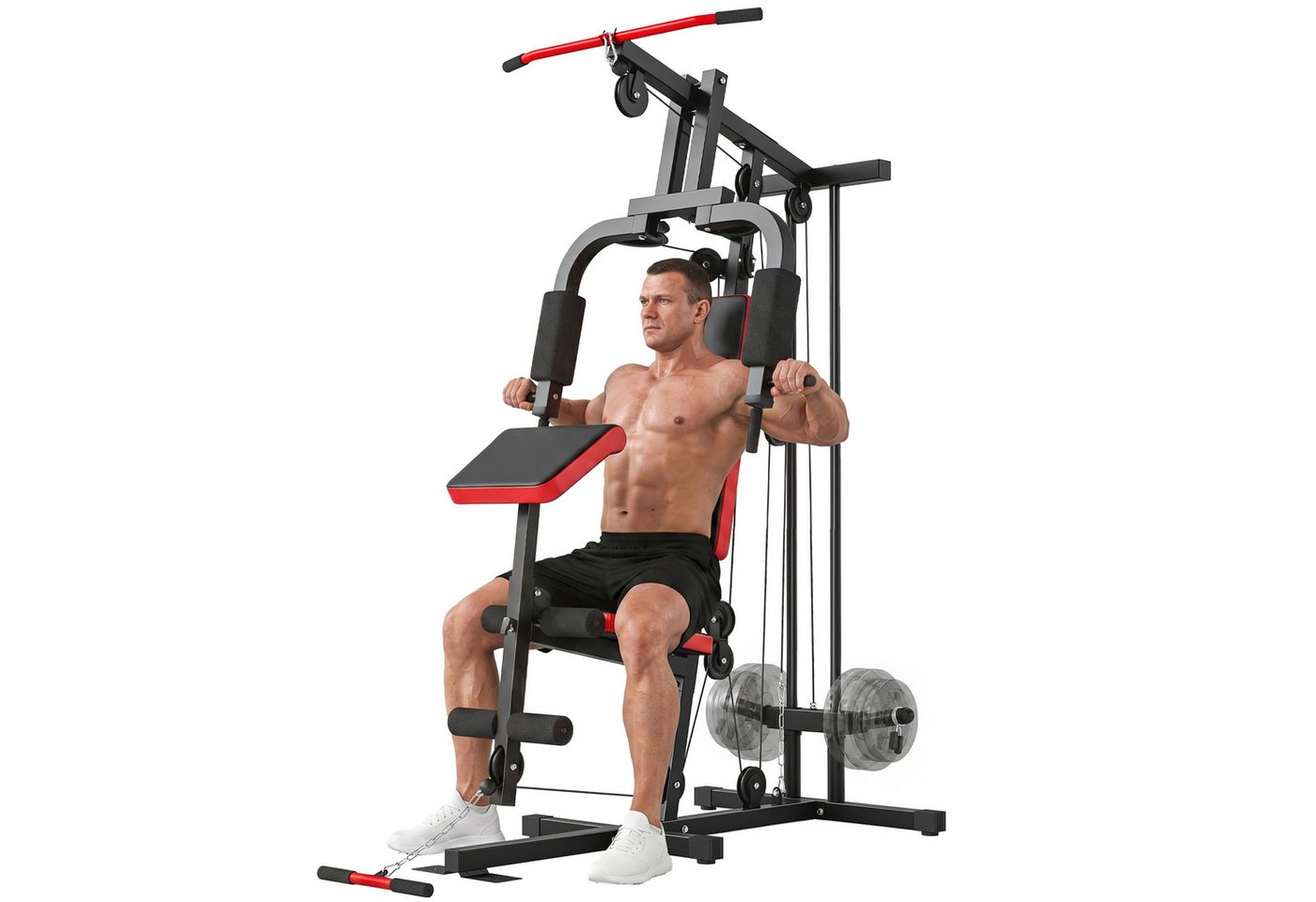 SPORTNOW Kraftstation mit Latzug, Butterflystange, verstellbar Preacher Bank, Beintrainer, 0 Gewichtsblöcke (Fitnessstation, 1-tlg., Multifunktion Smith Machine), für Zuhause Schwarz+Rot Bild 3