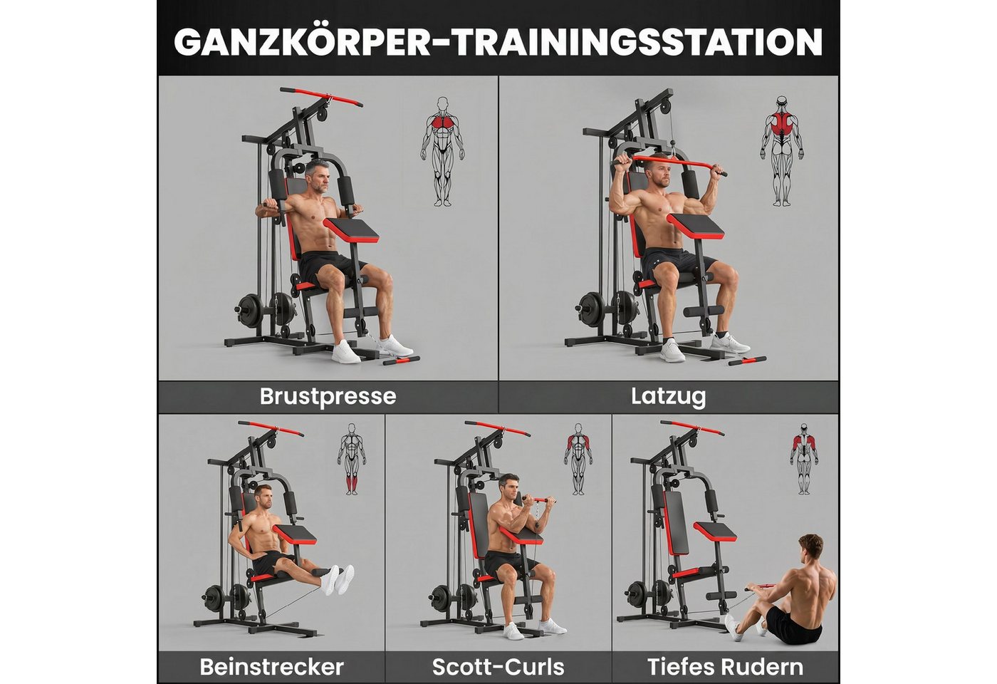 SPORTNOW Kraftstation mit Latzug, Butterflystange, verstellbar Preacher Bank, Beintrainer, 0 Gewichtsblöcke (Fitnessstation, 1-tlg., Multifunktion Smith Machine), für Zuhause Schwarz+Rot Bild 5