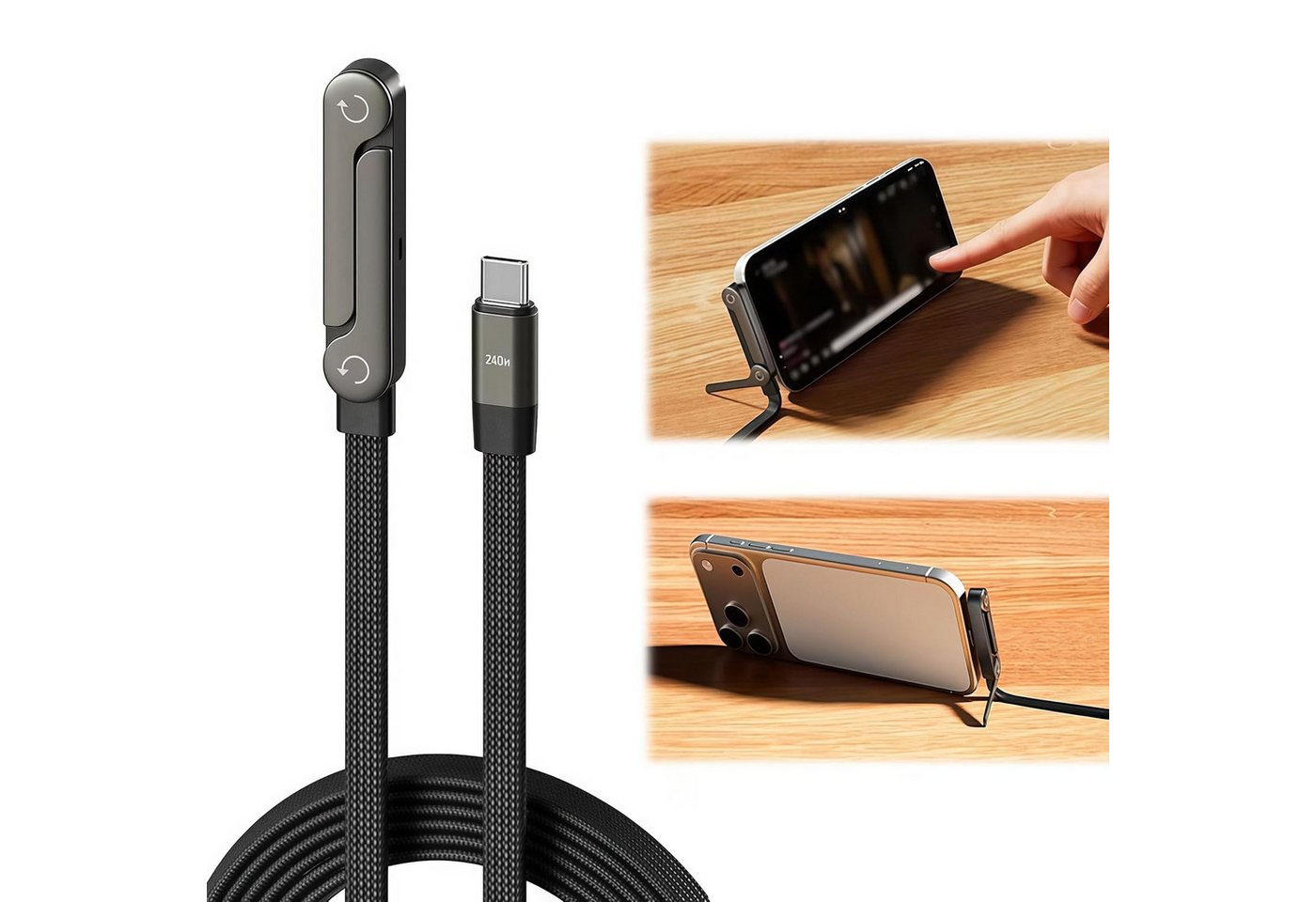 Vornix 240W USB C Ladekabel seitlich mit Faltbar Handy Ständer 1,5M Batteriekabel, USB-C auf C Datenkabel mit 90° rechtwinkligem Stecker, 2-in-1 Schnellladekabel, für Laptop, iPad, iPhone 17/16/15, Samsung Galaxy S25, Pixel, Xiaomi usw. Bild 2