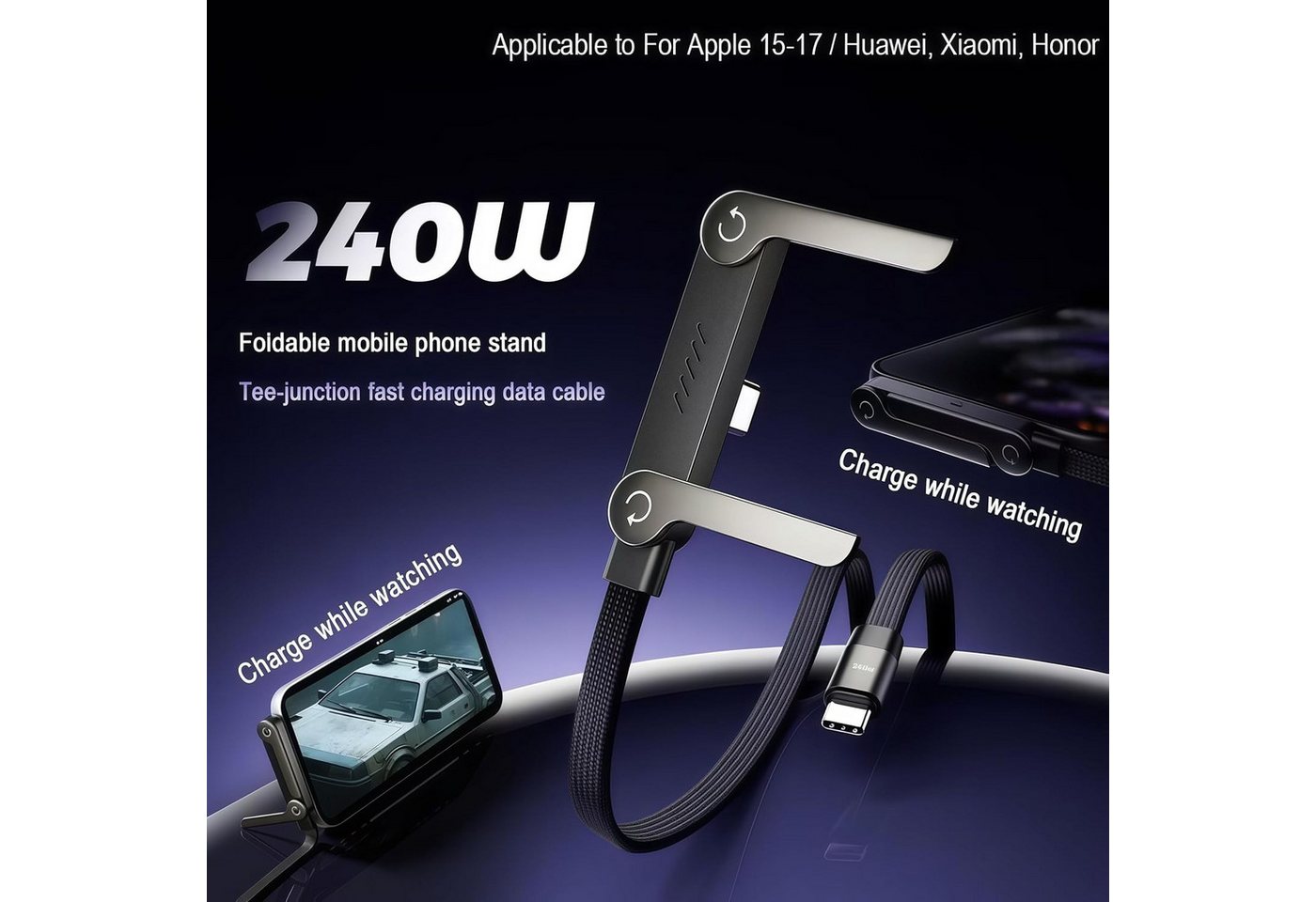 Vornix 240W USB C Ladekabel seitlich mit Faltbar Handy Ständer 1,5M Batteriekabel, USB-C auf C Datenkabel mit 90° rechtwinkligem Stecker, 2-in-1 Schnellladekabel, für Laptop, iPad, iPhone 17/16/15, Samsung Galaxy S25, Pixel, Xiaomi usw. Bild 5