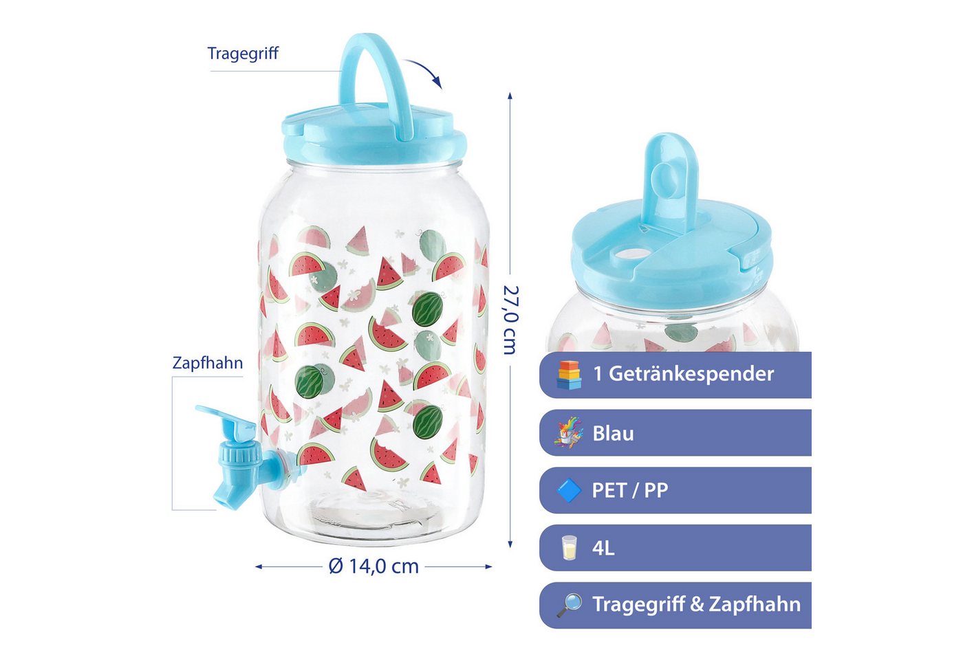 CEPEWA Getränkespender Getränkespender Zapfhahn Tragegriff Melonen PP blau 14x27cm 4 Liter