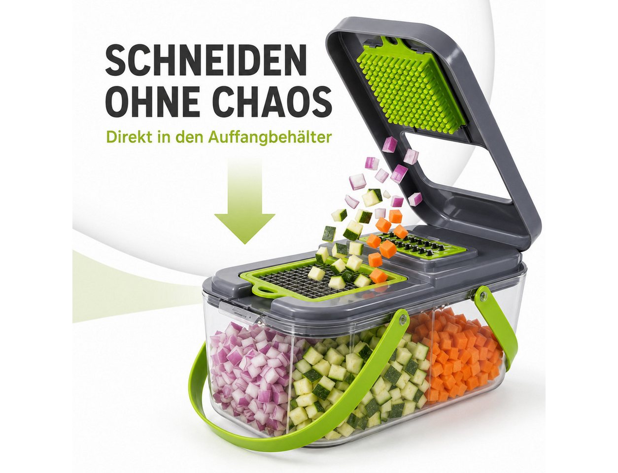 Luckice Gemüseschneider Multifunktional, Gemüsehobel mit Auffangbehälter, Zwiebelhacker: Würfeln, Raspeln & Reiben inkl. Schäler + Halter