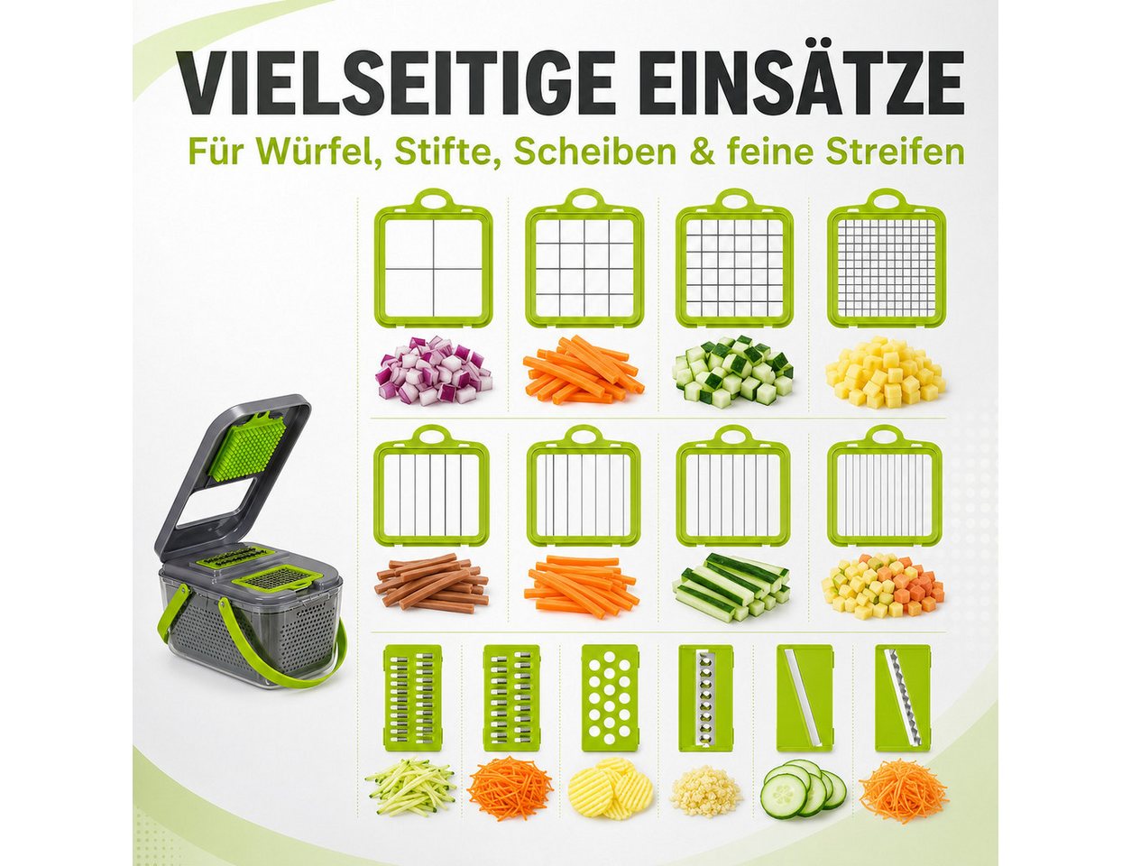 Luckice Gemüseschneider Multifunktional, Gemüsehobel mit Auffangbehälter, Zwiebelhacker: Würfeln, Raspeln & Reiben inkl. Schäler + Halter Bild 2