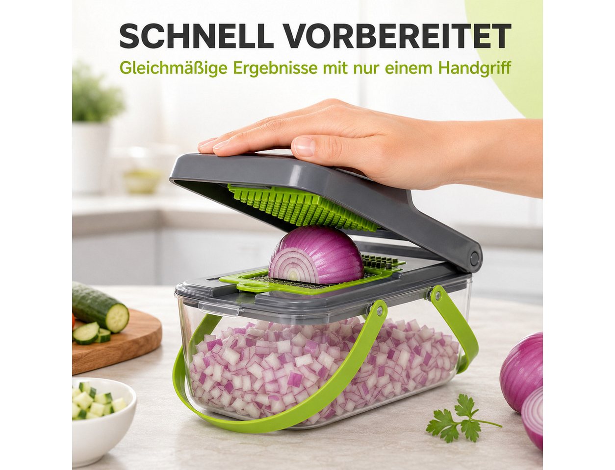 Luckice Gemüseschneider Multifunktional, Gemüsehobel mit Auffangbehälter, Zwiebelhacker: Würfeln, Raspeln & Reiben inkl. Schäler + Halter Bild 3