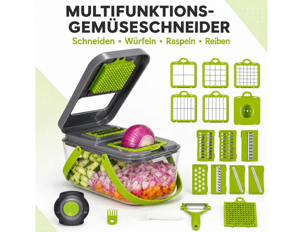 Luckice Gemüseschneider Multifunktional, Gemüsehobel mit Auffangbehälter, Zwiebelhacker: Würfeln, Raspeln & Reiben inkl. Schäler + Halter Bild 4
