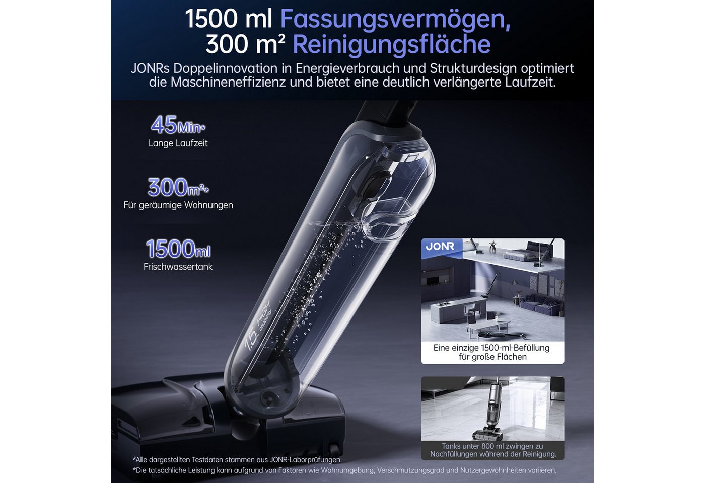 JONR Nass-Trocken-Akkusauger H2/H2 PRO,20000 Pa,Innovatives Geruchsfreies Design, 1500ml Wassertank, 100 W, Unten Integrierter Schmutzwassertank, Saugwischer Smart 3 in 1/ Nass Trockensauger akk, Badezimmer-Modus, 180°-Flachreinigung Bild 4