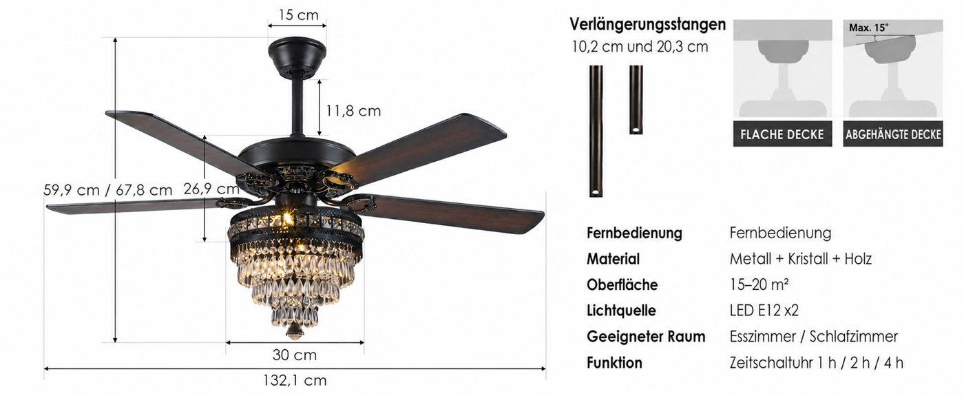 Surtime Deckenventilator im Kristall-Design, 5 wendbare Holzflügel, 6 Geschwindigkeitsstufen, LED-Beleuchtung mit 3 Farben, 70W, ⌀ 132 cm