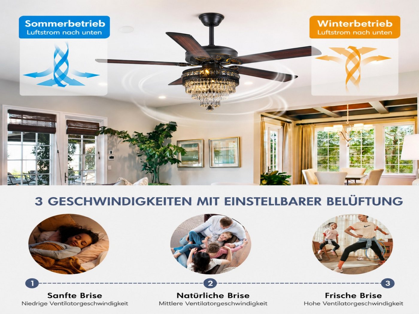 Surtime Deckenventilator im Kristall-Design, 5 wendbare Holzflügel, 6 Geschwindigkeitsstufen, LED-Beleuchtung mit 3 Farben, 70W, ⌀ 132 cm Bild 2