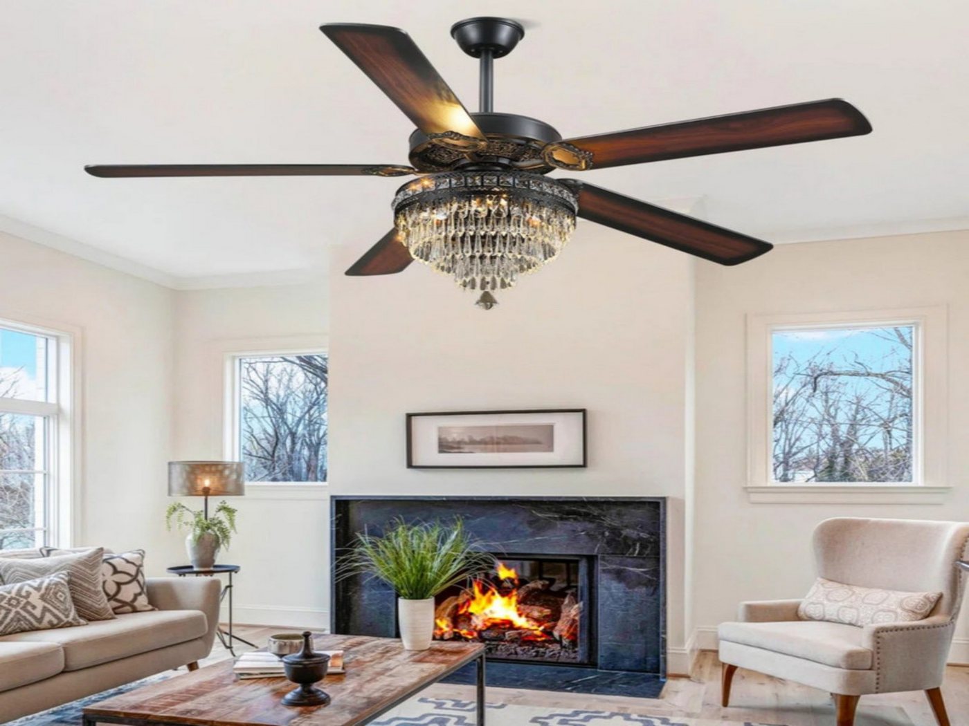 Surtime Deckenventilator im Kristall-Design, 5 wendbare Holzflügel, 6 Geschwindigkeitsstufen, LED-Beleuchtung mit 3 Farben, 70W, ⌀ 132 cm Bild 4