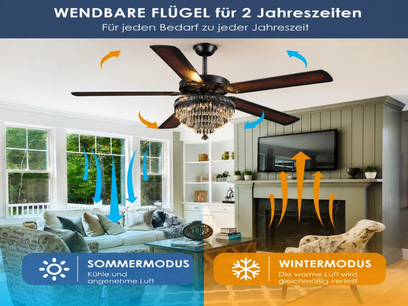 Surtime Deckenventilator im Kristall-Design, 5 wendbare Holzflügel, 6 Geschwindigkeitsstufen, LED-Beleuchtung mit 3 Farben, 70W, ⌀ 132 cm Bild 5