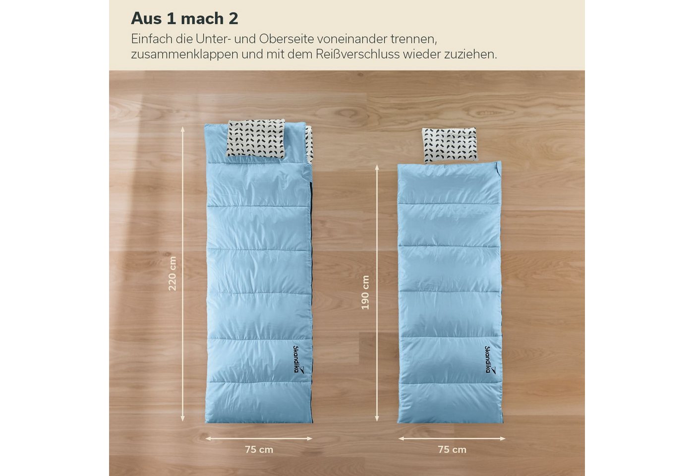 Skandika Schlafsack Iceland Double, 220 x 150 cm, als Einzelschlafsack nutzbar (2-Wege-Reißverschluss mit Kälteschutz, Stoffsteg, Webbandklemmschutz), Baumwolle, Kissen, Deckenschlafsack/Familienschlafsack Bild 2