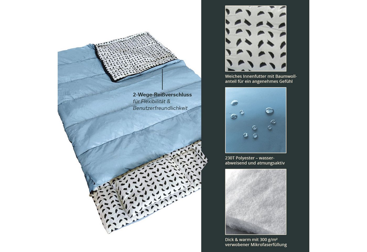Skandika Schlafsack Iceland Double, 220 x 150 cm, als Einzelschlafsack nutzbar (2-Wege-Reißverschluss mit Kälteschutz, Stoffsteg, Webbandklemmschutz), Baumwolle, Kissen, Deckenschlafsack/Familienschlafsack Bild 3