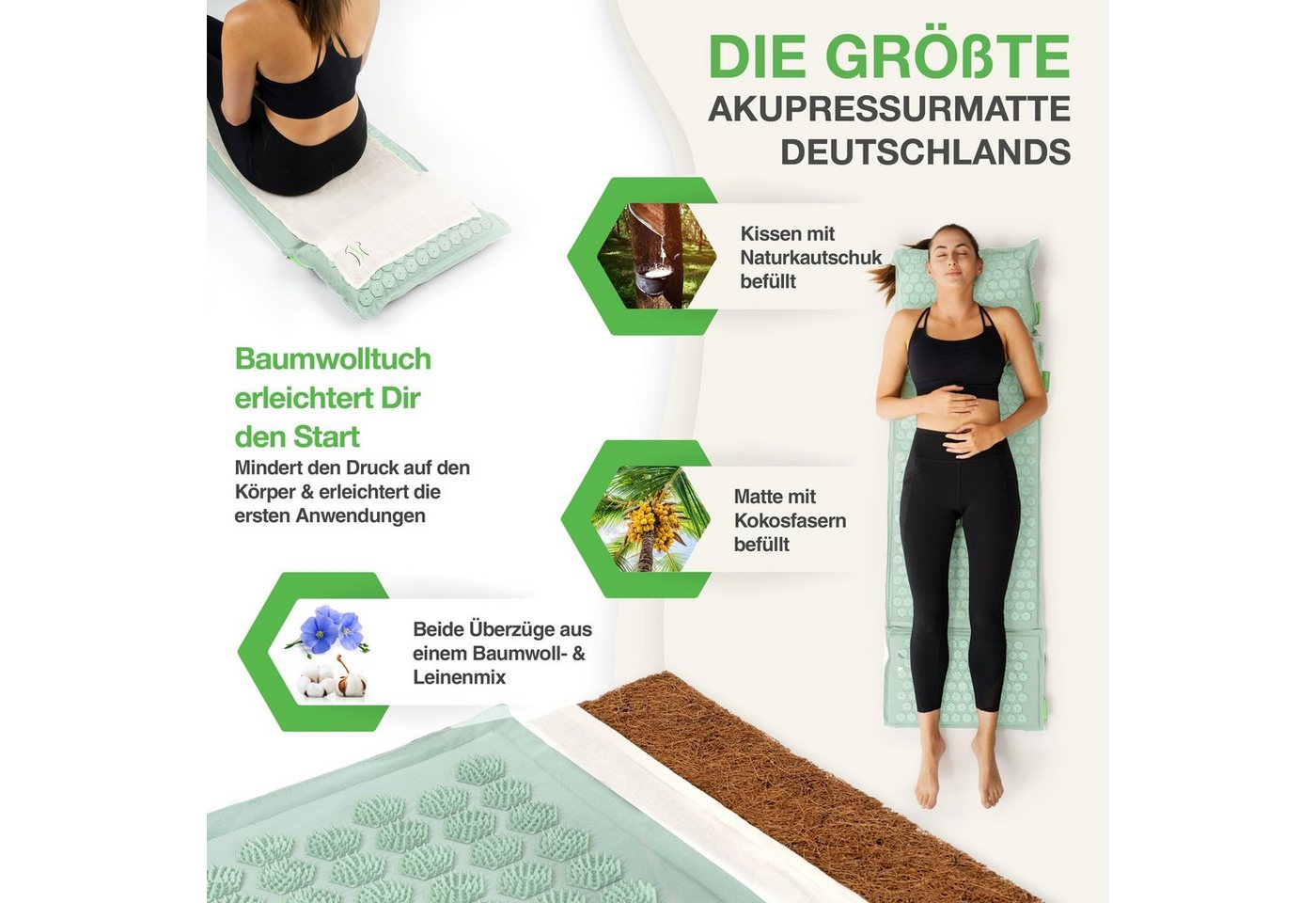 BACKLAxx® Akupressurmatte Set "Magnum" mit Kissen, Tuch & Tasche - XL- Akupressurmatte (Akupressurmatten Set, 5teilig + gratis-Download), 20.844 Spitzen für Anfänger und Schmerzempfindliche Bild 5