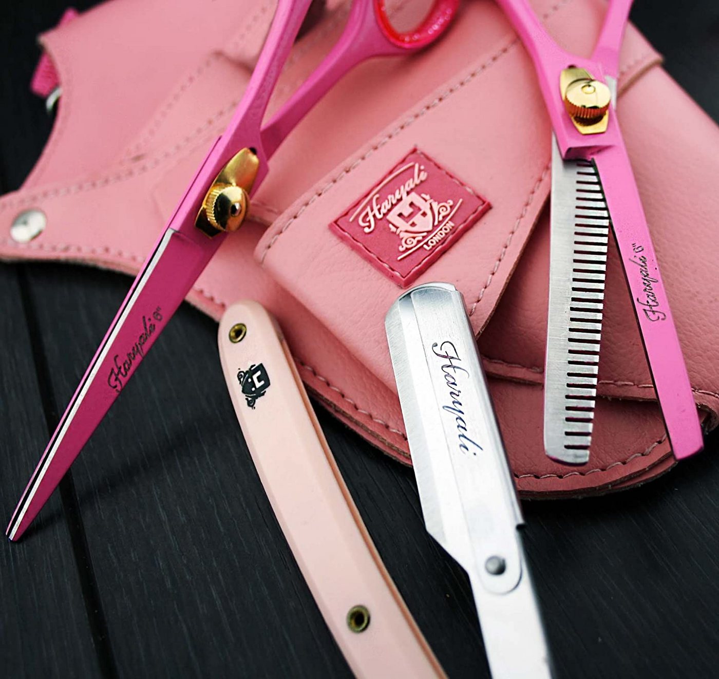 Haryali London Rasierer-Etui Scherenholster Tasche für Friseurscheren, rosa Leder Gürteltasche, In diese Tasche passen mehrere Scheren.