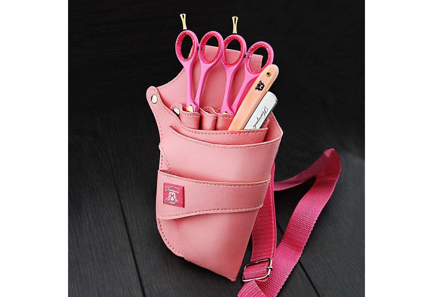 Haryali London Rasierer-Etui Scherenholster Tasche für Friseurscheren, rosa Leder Gürteltasche, In diese Tasche passen mehrere Scheren. Bild 3