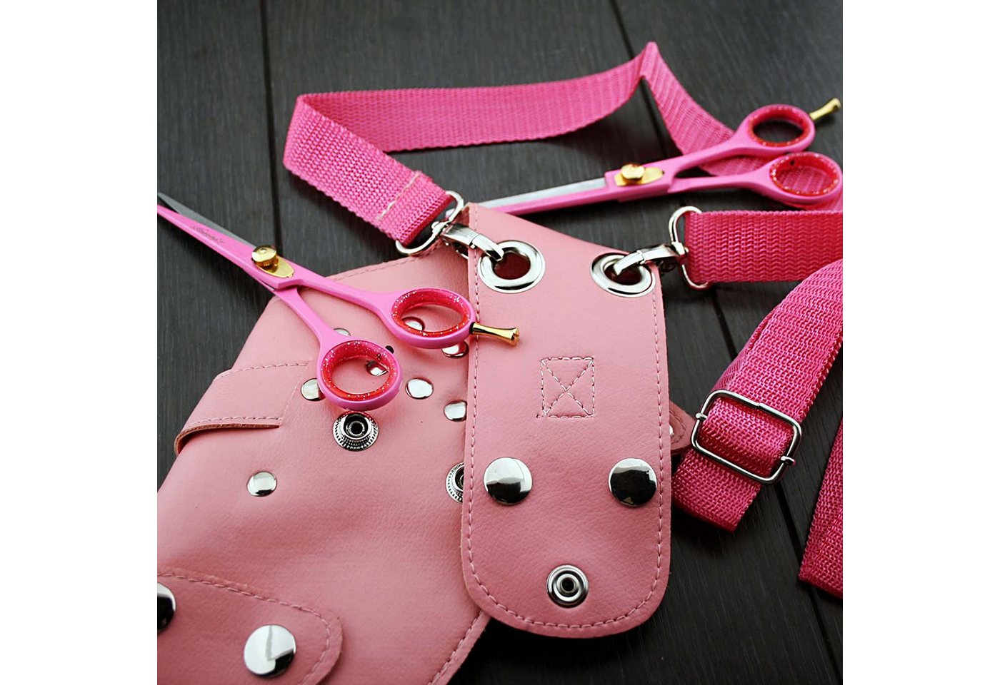 Haryali London Rasierer-Etui Scherenholster Tasche für Friseurscheren, rosa Leder Gürteltasche, In diese Tasche passen mehrere Scheren. Bild 4