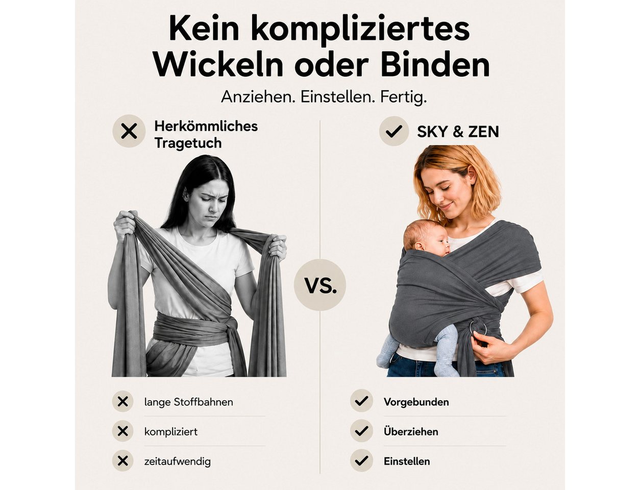SKY & ZEN Tragetuch Baby Neugeborene - Babytragetuch ohne binden, Babytrage ab Geburt bis 15 Kilo, elastisches Tragetuch Bild 2