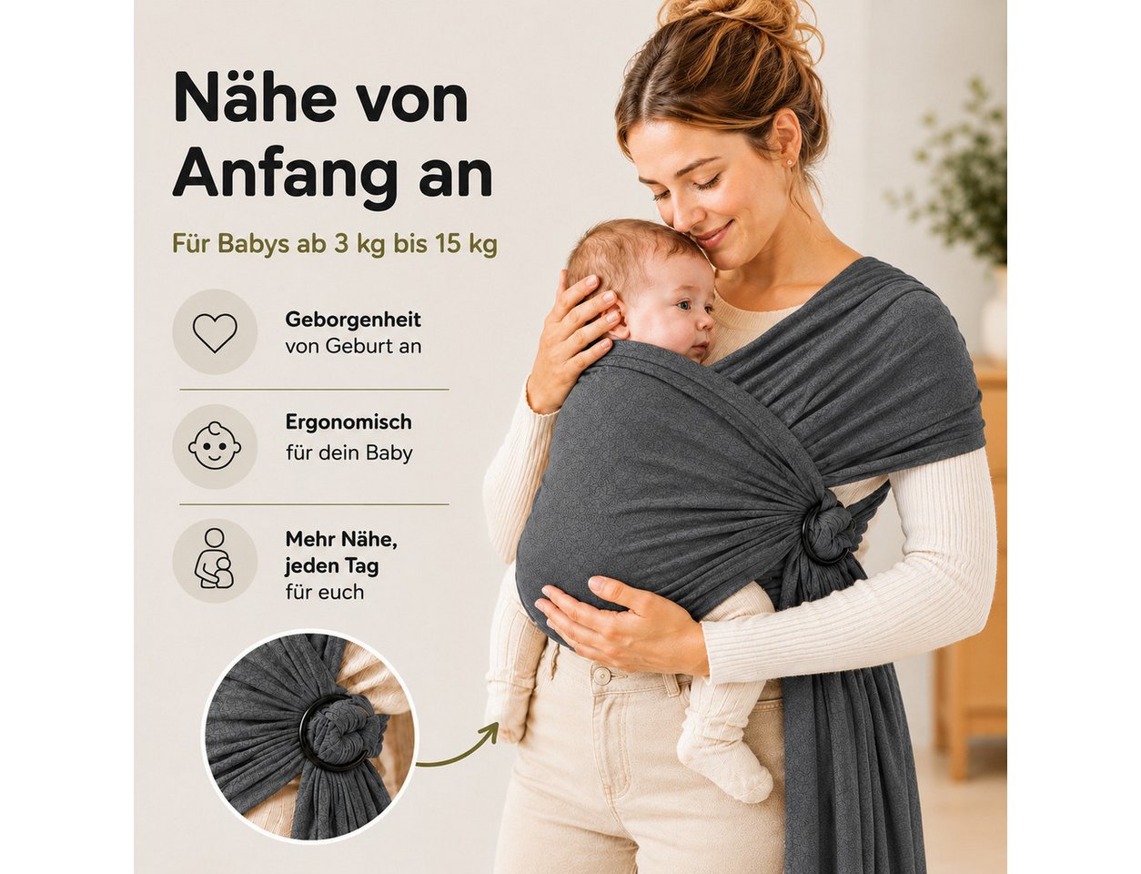 SKY & ZEN Tragetuch Baby Neugeborene - Babytragetuch ohne binden, Babytrage ab Geburt bis 15 Kilo, elastisches Tragetuch Bild 4