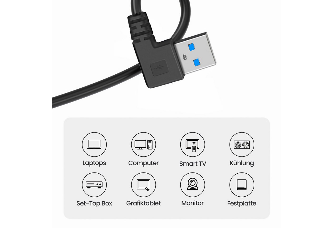 Bolwins O50 USB 3.0 Kabel Adapter Datenkabel USB A zu A Verbindungskabel 100cm USB-Kabel, USB 3.0 Typ A Stecker links abgewinkelt, USB 3.0 Typ A Stecker rechts abgewinkelt (100 cm), Beidseitig abgewinkelt, Knickschutz, robuste Metallstecker Bild 3