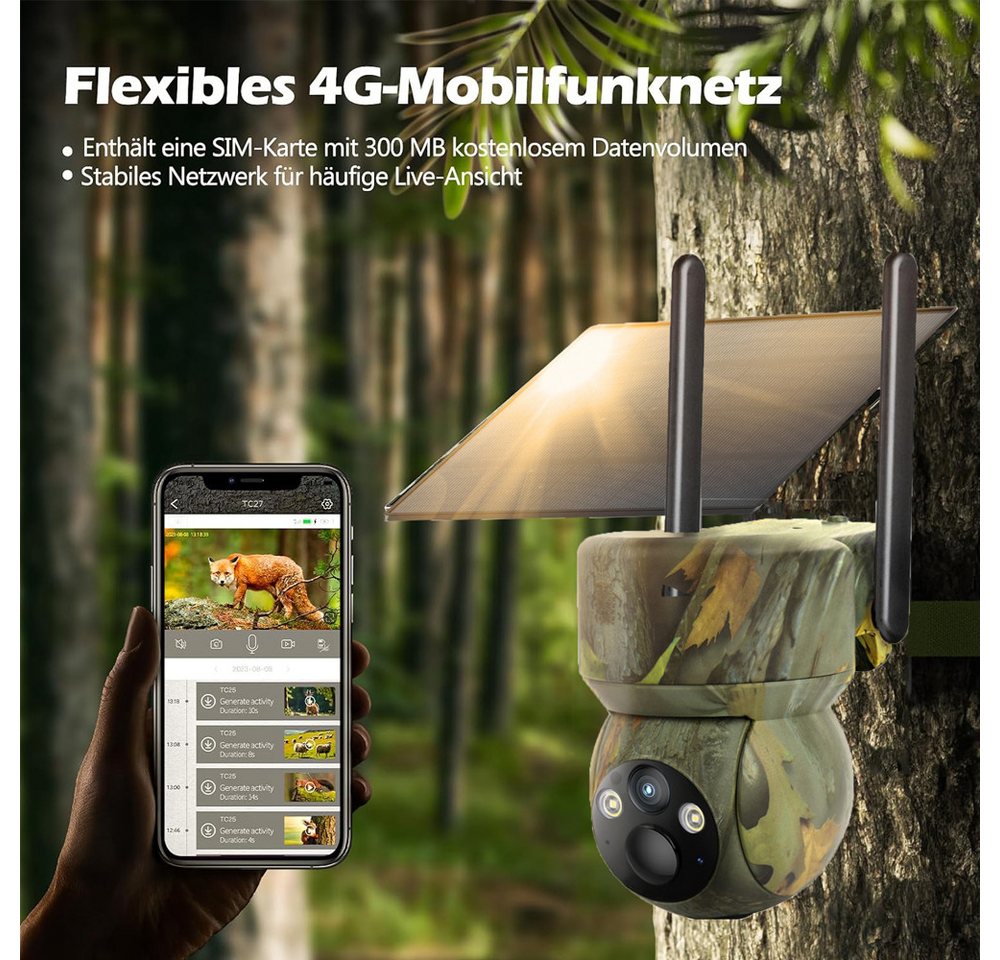 TWUFY Wildkamera 4G LTE Wildkamera Solar 2K Live Übertragung Wildkamera (Perfekt für Bereiche außerhalb der Wifi-Reichweite oder abgelegene Orte: Bauernhöfe, Baustellen, Einfahrten, Docks, Weiden, Ställe, Lagerhäuser, Wohnmobile., mit Handyübertragung App 336° Schwenk 90° Neigung Wildtierkamera, 1-tlg., Kein WLAN mit Nachtsicht Bewegungsmelder IP65 Wasserdicht, mit Farbnachtsicht PIR-Erkennung 2-Weg-Audio Jagdkamera) Bild 4