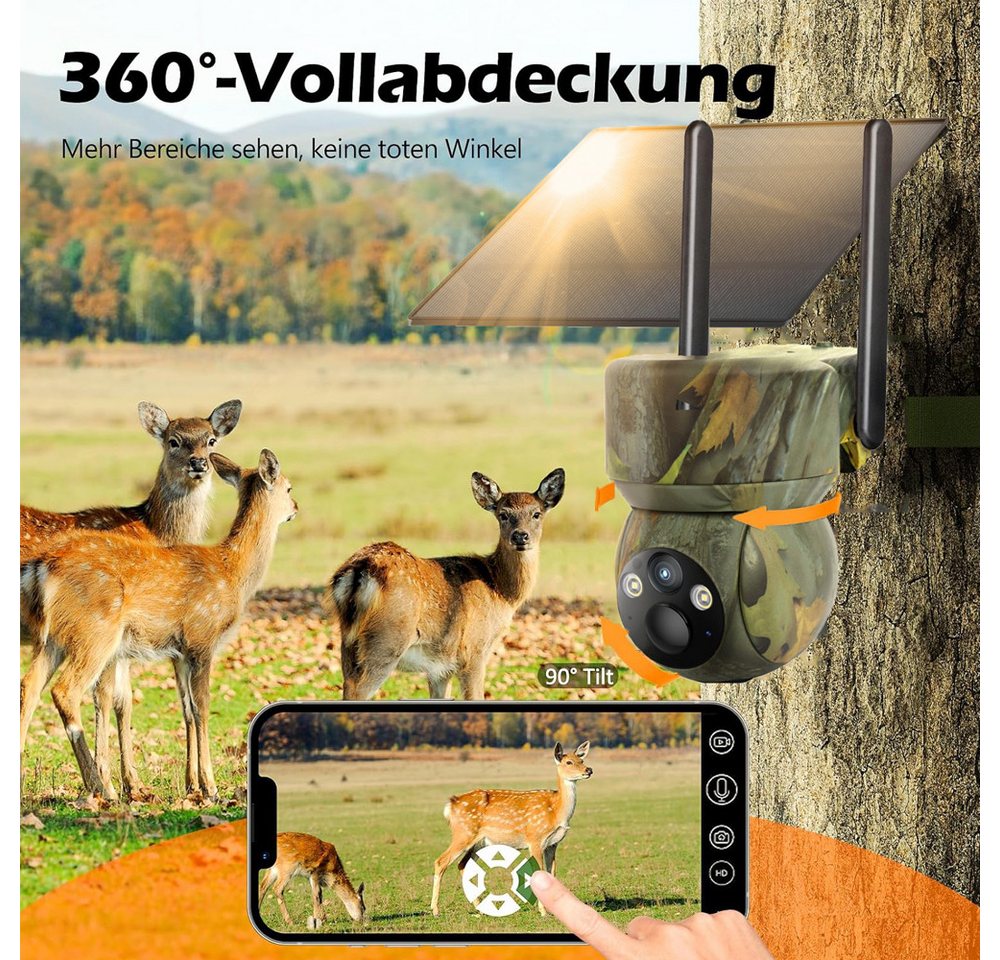 TWUFY Wildkamera 4G LTE Wildkamera Solar 2K Live Übertragung Wildkamera (Perfekt für Bereiche außerhalb der Wifi-Reichweite oder abgelegene Orte: Bauernhöfe, Baustellen, Einfahrten, Docks, Weiden, Ställe, Lagerhäuser, Wohnmobile., mit Handyübertragung App 336° Schwenk 90° Neigung Wildtierkamera, 1-tlg., Kein WLAN mit Nachtsicht Bewegungsmelder IP65 Wasserdicht, mit Farbnachtsicht PIR-Erkennung 2-Weg-Audio Jagdkamera) Bild 5