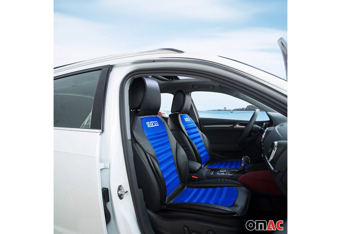 OMAC Autositzbezug SPARCO Sitzkissen Sitzauflage Universal Auto Sitzschutz Schwarz Blau, Atmungsaktiv, sportliches Aussehen, ergonomisch
