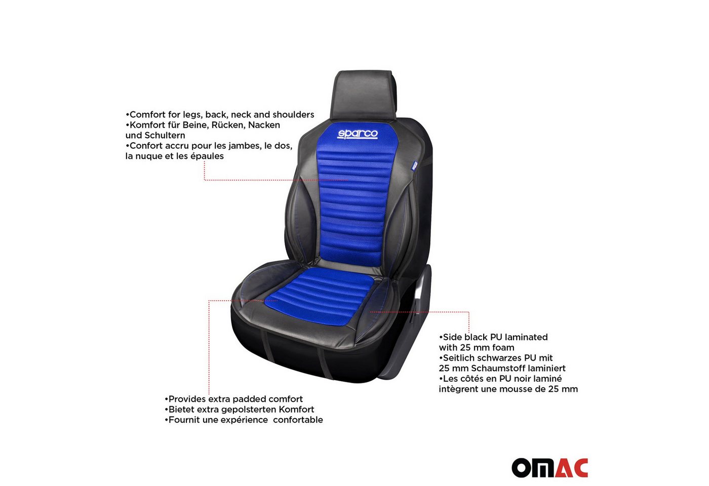 OMAC Autositzbezug SPARCO Sitzkissen Sitzauflage Universal Auto Sitzschutz Schwarz Blau, Atmungsaktiv, sportliches Aussehen, ergonomisch Bild 3