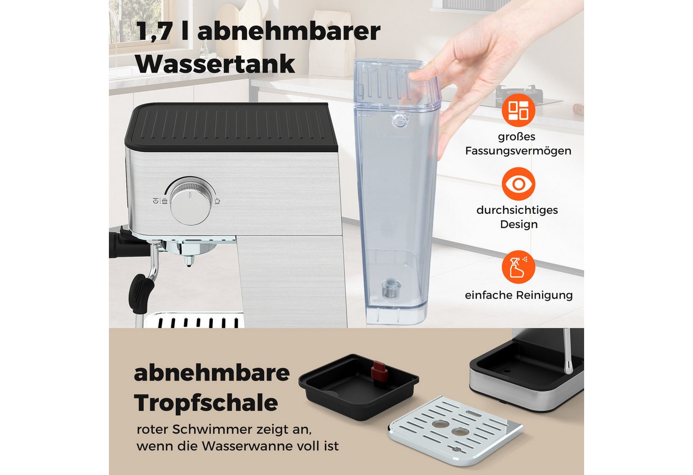 COSTWAY Espressomaschine, 20 Bar, mit Milchaufschäumer & 1,7L Tank, Touch