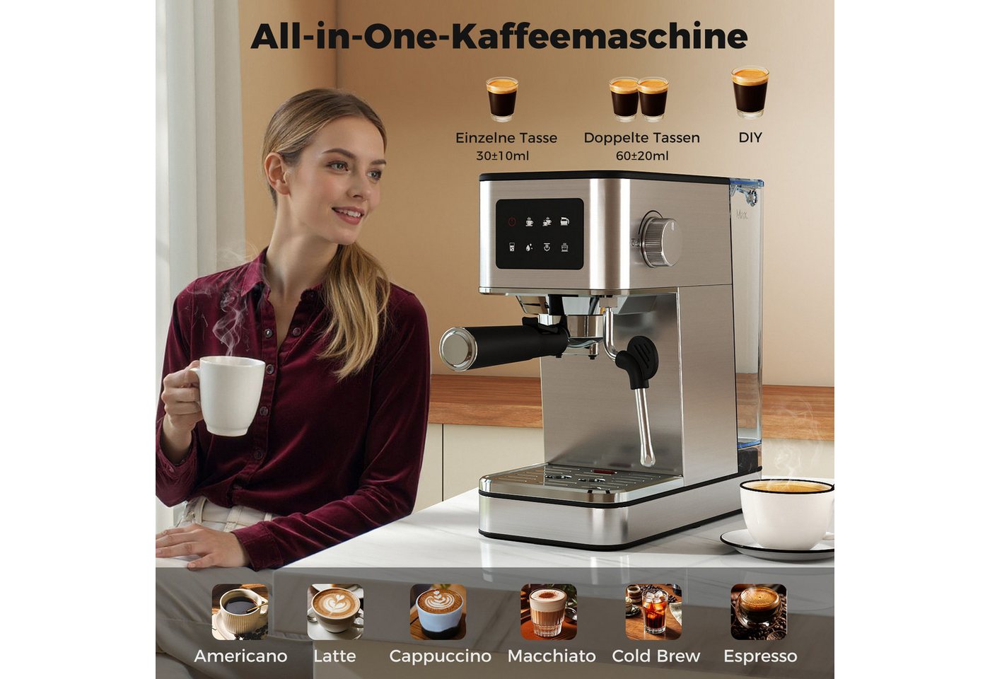 COSTWAY Espressomaschine, 20 Bar, mit Milchaufschäumer & 1,7L Tank, Touch Bild 2