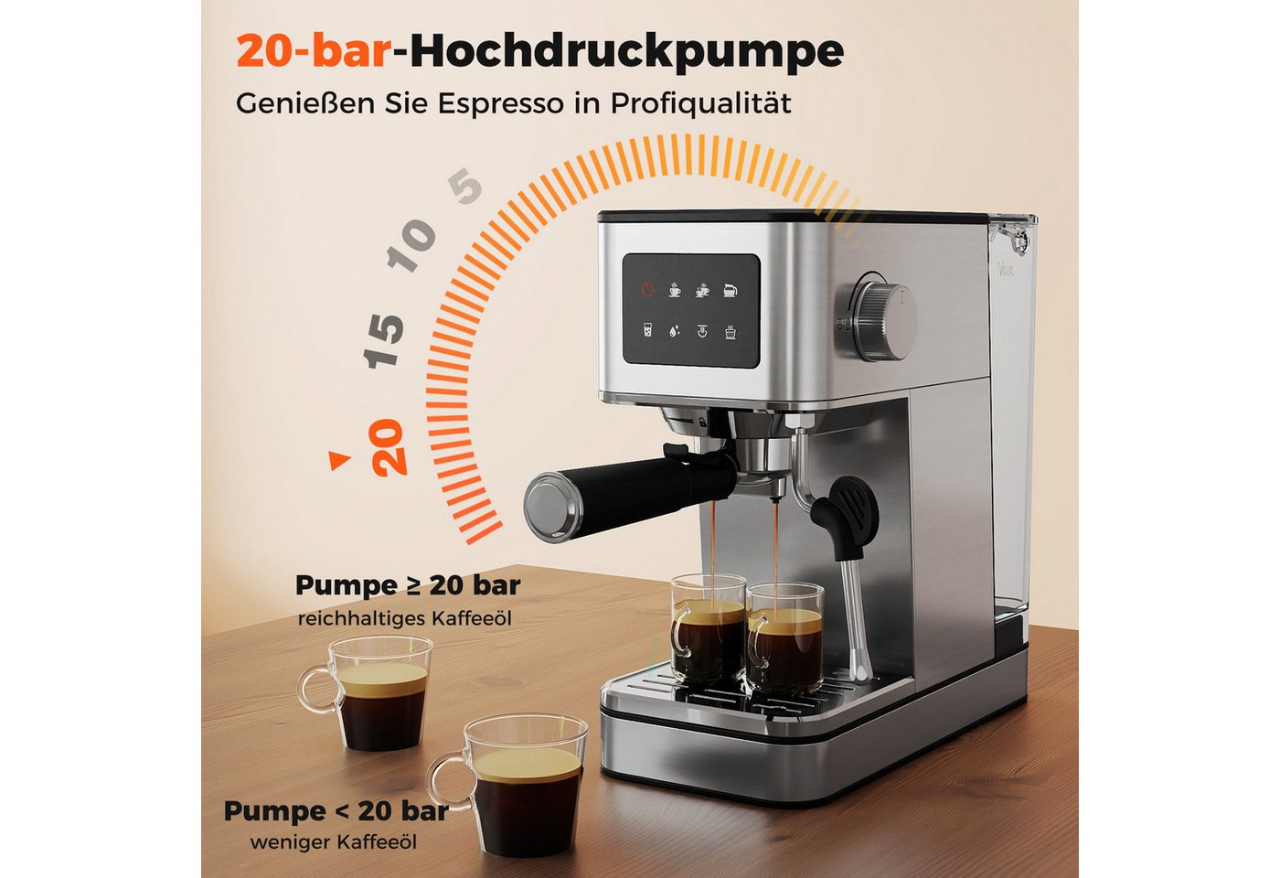 COSTWAY Espressomaschine, 20 Bar, mit Milchaufschäumer & 1,7L Tank, Touch Bild 4