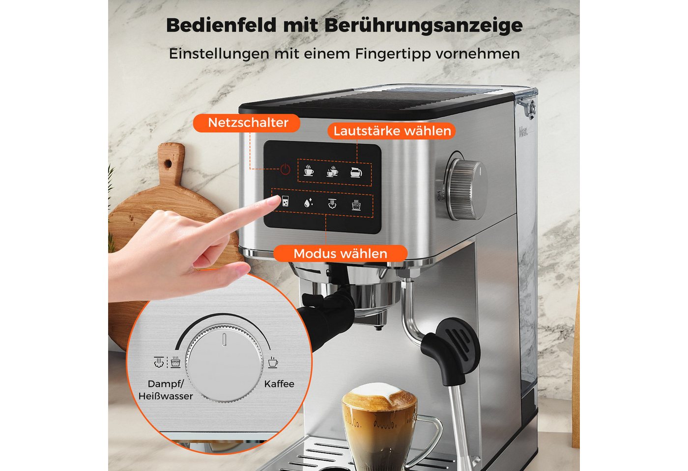 COSTWAY Espressomaschine, 20 Bar, mit Milchaufschäumer & 1,7L Tank, Touch Bild 5