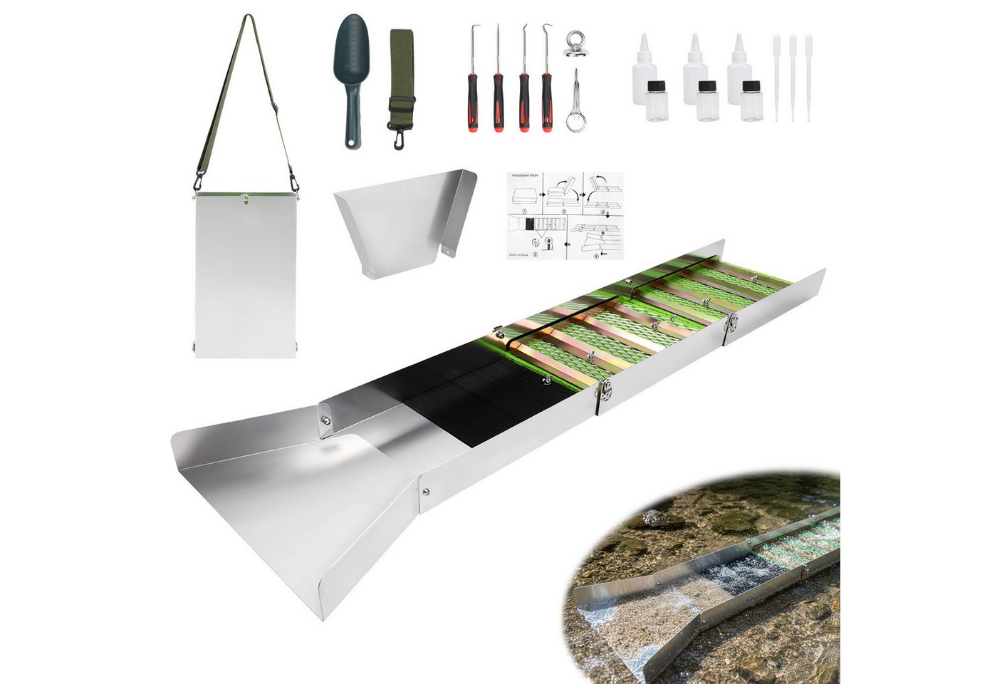 JOYOLEDER Metalldetektor Komplettes Goldwaschset, Tragbar Gold Waschanlage, Aluminiumlegierung, Goldwaschrinne Komplettset,18 Stück mit Faltschleusenkasten Bild 3