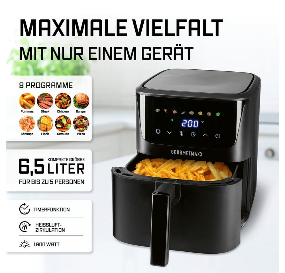 GOURMETmaxx Heißluftfritteuse GOURMETmaxx Heißluft-Fritteuse 1600W schwarz Digital 6,5l, 1600 W, GOURMETmaxx Heißluftfritteuse 6,5 Liter