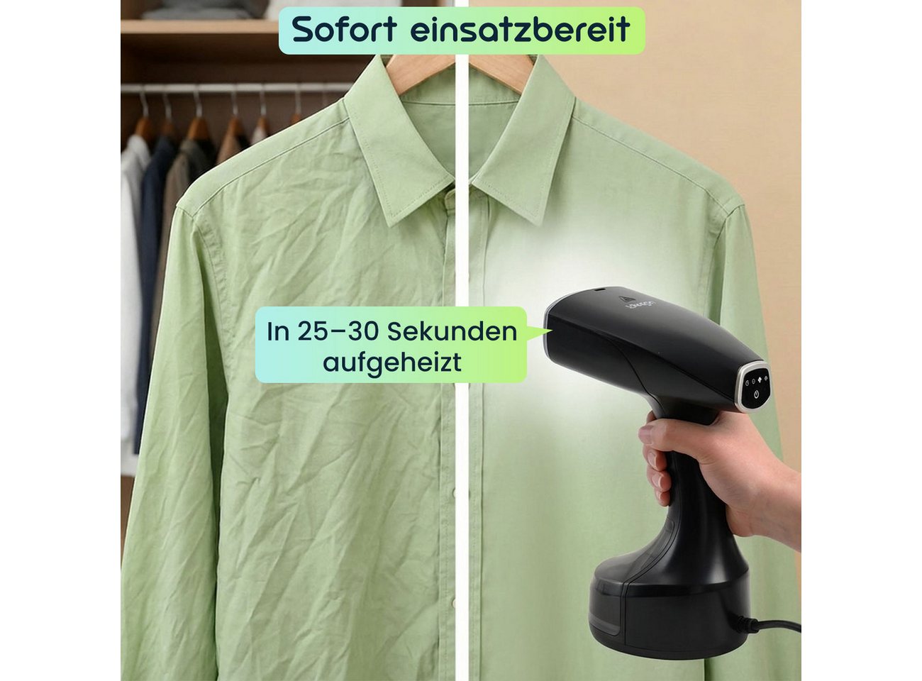 shop'n smile ideoon Dampfglätter Hand Dampfglätter mit 1900W, 300ml Wassertank, 30g/Min Dampf, 1900 W, 3 Stufen, inklusive 2 Aufsätzen & Handschuh, Dampfbürste