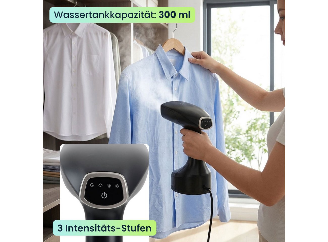 shop'n smile ideoon Dampfglätter Hand Dampfglätter mit 1900W, 300ml Wassertank, 30g/Min Dampf, 1900 W, 3 Stufen, inklusive 2 Aufsätzen & Handschuh, Dampfbürste Bild 4