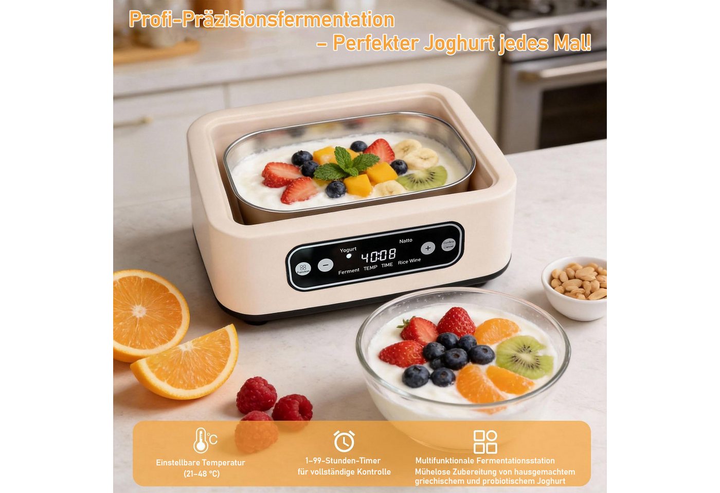 SWGOTA Joghurtbereiter Joghurtbereiter, 1,6 L SUS304-Innenbehälter, Temperatur & Timer, OLED, 9 Borosilikat-Gläser für Fermentation, Joghurt, Natto & Reiswein