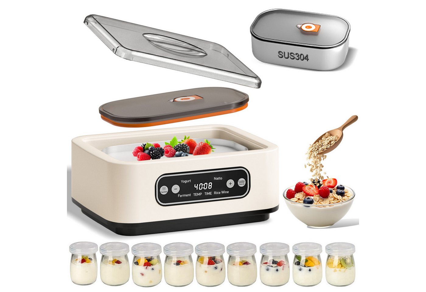 SWGOTA Joghurtbereiter Joghurtbereiter, 1,6 L SUS304-Innenbehälter, Temperatur & Timer, OLED, 9 Borosilikat-Gläser für Fermentation, Joghurt, Natto & Reiswein Bild 2
