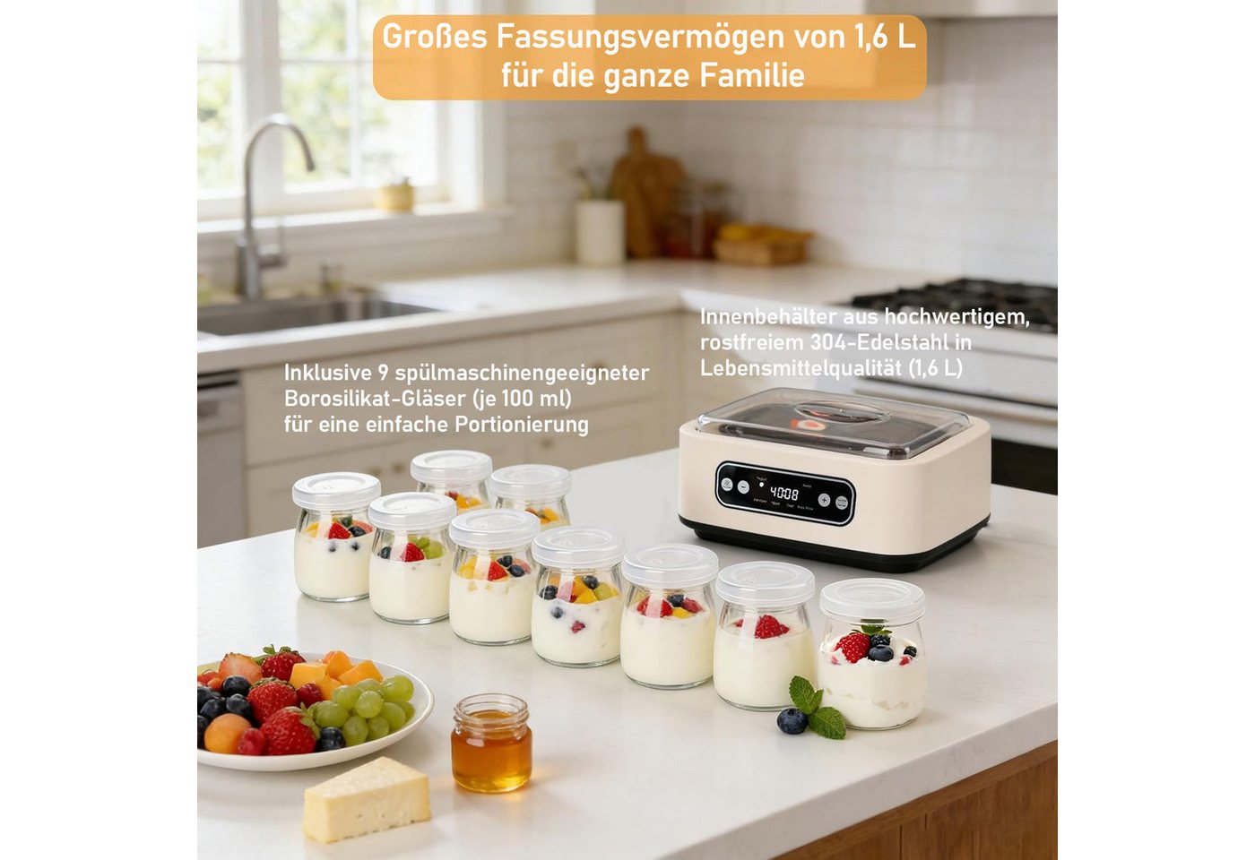 SWGOTA Joghurtbereiter Joghurtbereiter, 1,6 L SUS304-Innenbehälter, Temperatur & Timer, OLED, 9 Borosilikat-Gläser für Fermentation, Joghurt, Natto & Reiswein Bild 3