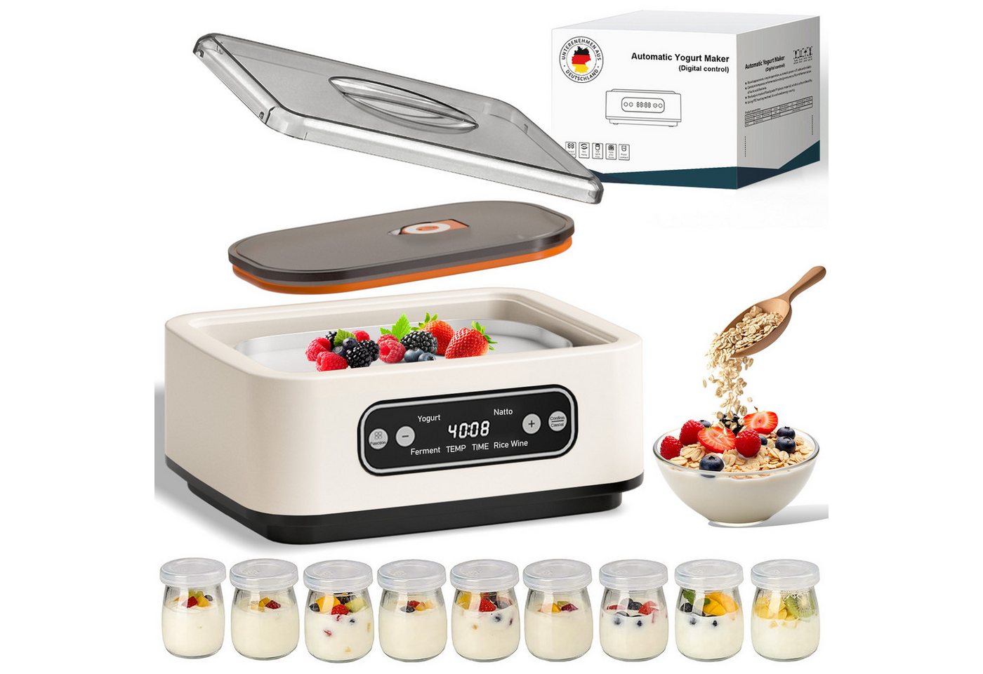 SWGOTA Joghurtbereiter Joghurtbereiter, 1,6 L SUS304-Innenbehälter, Temperatur & Timer, OLED, 9 Borosilikat-Gläser für Fermentation, Joghurt, Natto & Reiswein Bild 5