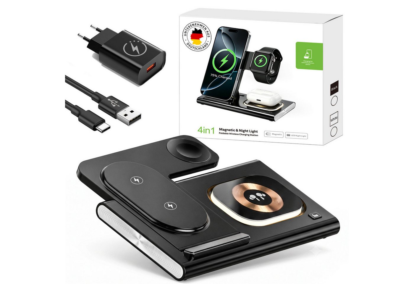 SWGOTA 2026 Ladestation Ladegerät Apple Samsung, 4 in 1 25W Induktive MagSafe Wireless Charger (4 in 1 iPhone Ladestation, 25W Wireless Charger, Qi 2.0 Schnellladung, Schnellladegerät für iPhone 8–17 Serie, Apple Watch, AirPods & Samsung) Bild 4
