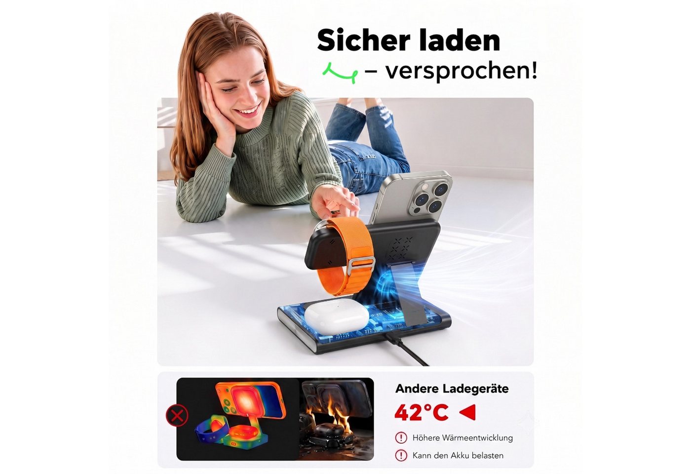 SWGOTA 2026 Ladestation Ladegerät Apple Samsung, 4 in 1 25W Induktive MagSafe Wireless Charger (4 in 1 iPhone Ladestation, 25W Wireless Charger, Qi 2.0 Schnellladung, Schnellladegerät für iPhone 8–17 Serie, Apple Watch, AirPods & Samsung) Bild 5