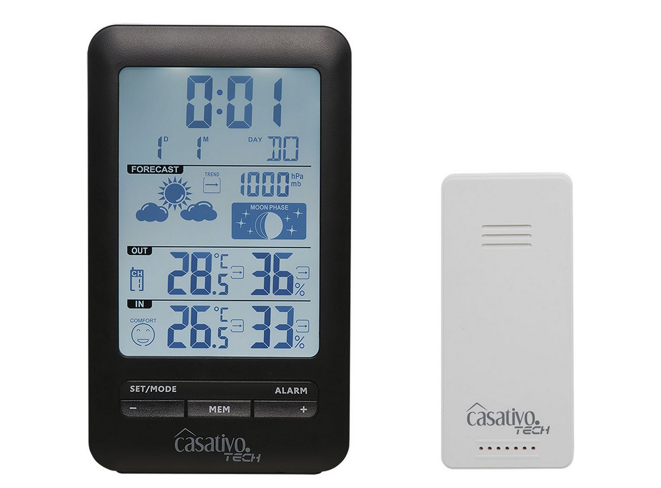 Casativo Digitale Funk-Wetterstation mit Außensensor Display Wettertrend Funkwetterstation (IP44/60m Reichweite/ 3 Kanäle/ Wecker Funkuhr)