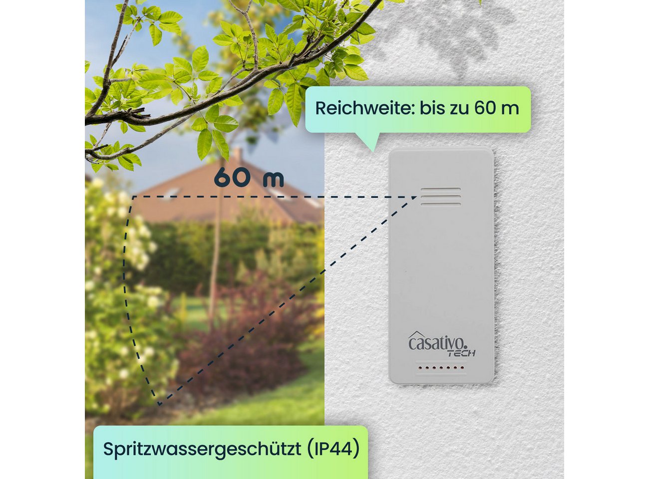 Casativo Digitale Funk-Wetterstation mit Außensensor Display Wettertrend Funkwetterstation (IP44/60m Reichweite/ 3 Kanäle/ Wecker Funkuhr) Bild 2